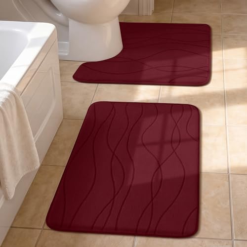 YIHOUSE Bathroom Rugs Set 2 Piece, Memory Foam Bath Mat Red | U Shaped+Small Mat, Ultra Soft, Absorbent, Non-Slip, Machine Washable, for Bathroom, Sink and Toilet - color: Red, size: 2' x 1'5" (Rectangular)