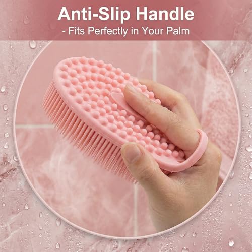 Silicone Body Scrubber 3-Pack – 2-in-1 Shower Exfoliating Brush with Handle, Gentle & Durable Loofah Alternative – Black, Green, Pink - size: 3Pack-Black Green Pink
