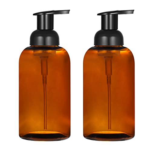 2 Pack Amber Glass Jar Soap Dispenser with Foaming Pump, 13 Ounce Amber Round Bottles Dispenser with Foaming Pump