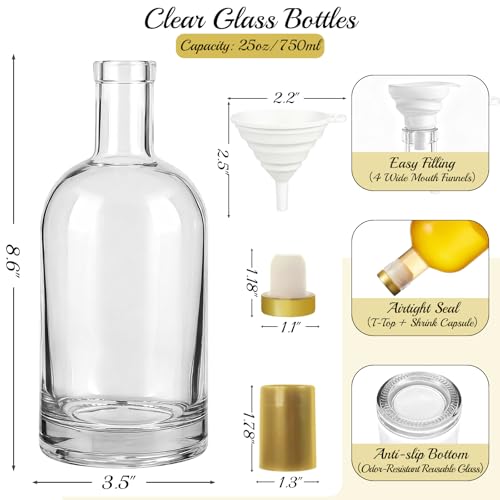 TBWIND 4 Pack 25oz/750ml Clear Glass Bottles with T-Top Cork Stoppers | Thick heavy base airtight wine & liquor bottles. Ideal for beverages, whiskey, oil, vinegar, wedding favors & crafts - color: 25oz/ 750ml, size: Clear
