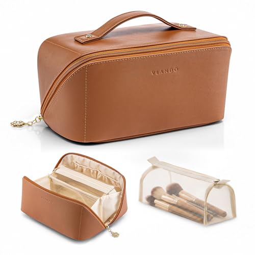 VLANDO Makeup Bag,Travel Toiletry Bag,Cosmetic Bag for Women PU Leather Portable Make up Bag for Skincare, Brushes & Travel Essentials-Brown - color: 02.Brown