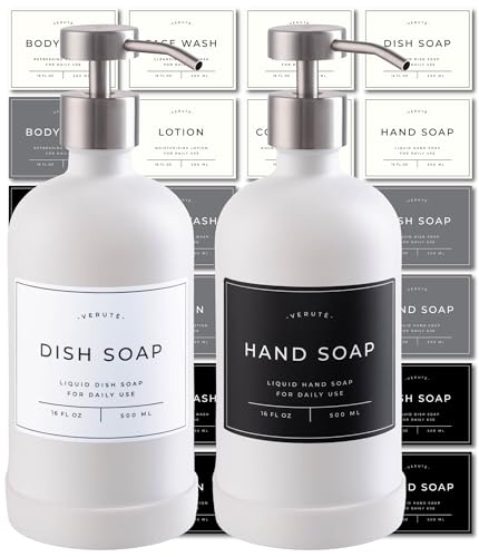 Hand and Dish Soap Dispenser for Kitchen and Bathroom, Set of 2 16 Oz Glass Bottles, Stainless Steel Pumps, Non-Slip Silicone Base, 27 Waterproof Labels (Matte White Bottle/Brushed Silver Pump) - color: Matte White Bottle / Brushed Silver Pump