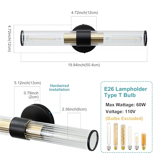 Bathroom Light Fixtures, Black Gold Wall Sconce in Threaded Glass Vanity Light, Modern Bathroom Wall Light for Bedroom, Living Room - Bulb Not Included - color: Black Gold-B