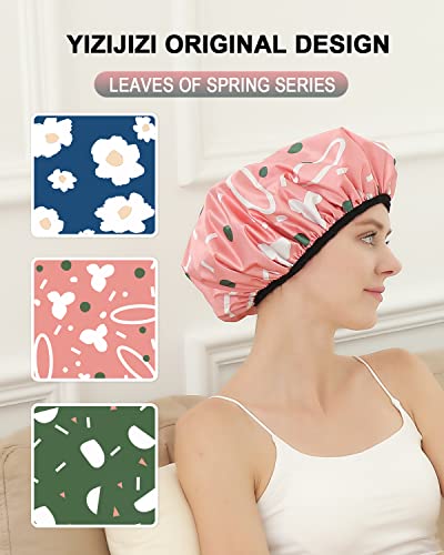 YIZIJIZI Triple Layer Reusable Waterproof Shower Cap for Women Large Terry Lined Hair Cap for Long Thick Hair Travel Bath Care Pink Flowers - color: Pink Flowers