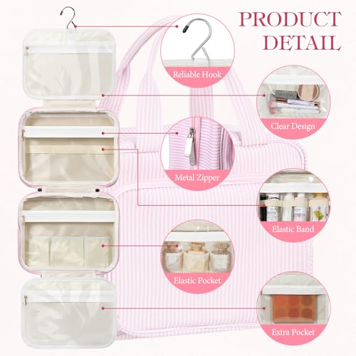 Huhumy Hanging Toiletry Bag for Women with Detachable Pouch, Travel Toiletry Bag, Travel Size Toiletries, Cosmetic Bags, Seersucker Makeup Bags Gifts for Her Mom Girlfriend Wife Teacher(Pink) - color: Pink