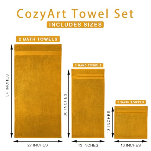 COZYART Gold Bath Towel Set 6pcs, Turkish Cotton Bathroom Towel Sets Soft Absorbent and Durable 650 GSM Luxury 6 Pcs with 2 Bath Towels, 2 Hand Towels, 2 Washcloth - color: Gold, size: 6 Piece Towel Set