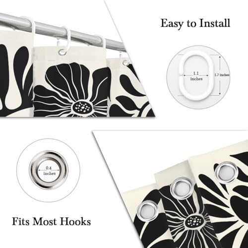 Black Boho Floral Shower Curtain, Minimalist Botanical Wildflower Pattern, 60x72 Inch Polyester Fabric for Bathroom, Modern Farmhouse Trippy Retro Aesthetic Decor, 12 Hooks - color: Black, size: 60"W x 72"L (Pack of 1)