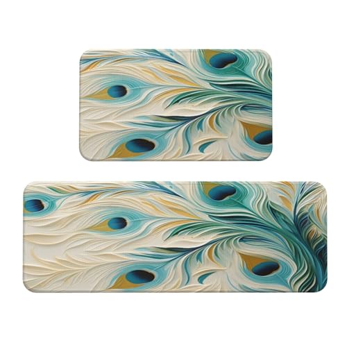 Peacock Feather Art Printing Kitchen Rugs Mats Set of 2 Pcs Non-Slip Floor Mats Washable Runner Rugs Set for Bathroom Laundry Hallway Kichen Comfort Standing Mat - color: Peacock Feather Art Printing
