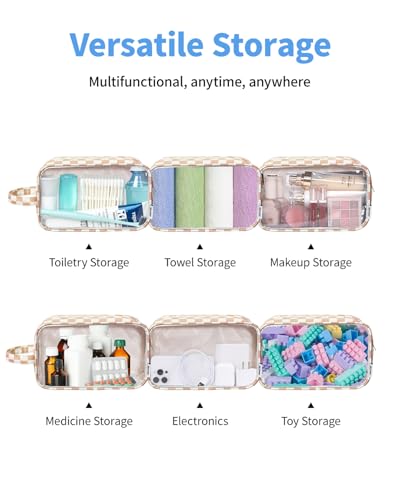 Narwey Clear Toiletry Bags for Traveling Women Men, Clear Travel Bags for Toiletries Makeup Bag Cosmetic Bag with Zipper, Make Up Organizer, Skincare Bag (Light Brown Checkerboard) - color: Y-Light Brown Checkerboard