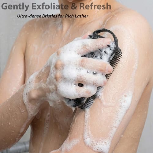 MtBoi 2 PC Silicone Body Scrubber, 2 in 1 Exfoliating Shower Bath Scrubber, Soft Silicone Loofah for Sensitive Skin, Shower Hair Scalp Massager, Easy to Clean, Lather Well (Grey&Black) - color: Grey&black