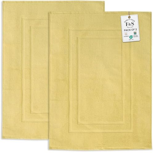 Feather & Stitch 2 Piece Towel Like Bath Mats (30x21 Inch) 100% Cotton Terry Bath Mats, Bathroom Shower Floor Mats [NOT A Bathroom Rug], Soft Absorbent Washable Mats - Yellow - color: Yellow