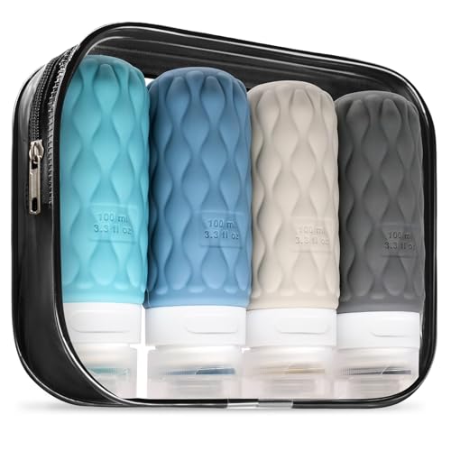 Silicone Travel Bottles for Toiletries 8 Pack Travel Size Toiletries 3.4 oz 1.7 oz, Leakproof Squeeze Travel Size Containers Refillable Cosmetic Jars Set for Shampoo, Conditioner, Creams - color: Blue Grey-3.4oz
