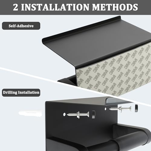 Alise Black Toilet Paper Holder,Bathroom Adhesive Toilet Paper Holder SUS304 Stainless Steel Toilet Paper Roll Holder with Shelf Spring Loaded Tissue Holder Wall Mount(Adhesive or Screw) - color: Matte Black, size: with Shelf