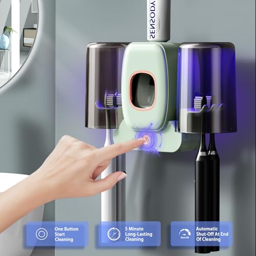 Toothbrush Holders for Bathrooms, Wekity Automatic Toothpaste Dispenser Space Saving Toothbrush and Toothpaste Holder，Toothbrush Holder Wall Mounted with 2 Cups for Bathroom (Green)… - color: Green