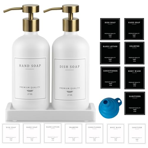 Soap Dispenser Bathroom - Kitchen Dish and Hand Soap Dispenser Set, Glass Bathroom Soap Lotion Dispenser with Pump, Tray, 14 Waterproof Labels, Set of 2 White Bottle/Gold Pump-pd - color: White Bottle/Gold Pump + Tray
