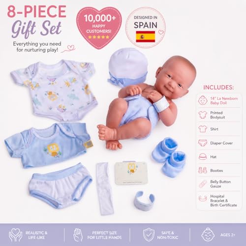 8 piece Layette Baby Doll Gift Set | JC Toys - La Newborn Nursery | 14" Life-Like Smiling Doll w/ Accessories | Blue | Ages 2+ - color: Smiling Blue