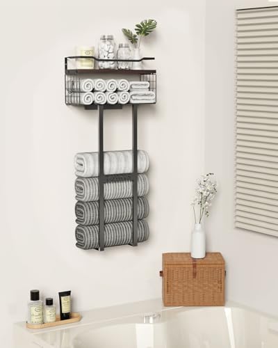Large Towel Rack & Bathroom Towel Holder - Wall Mounted Metal Rack with Wooden Floating Shelf, Small Bathroom Towel Storage, Easy Holds 6 Large Rolled Towels, Black with Brown Plank - color: Black With Brown Plank