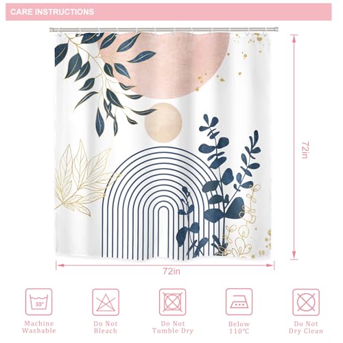 Riyidecor Boho Pink Navy Blue 4Pcs Shower Curtain Set with Toilet Lid Cover and Non-Slip Rugs, Mid Century Modern Minimalist Bathroom Decor Set，Abstract Contour and Bath Mat with 12 Hooks - color: 02pink Navy