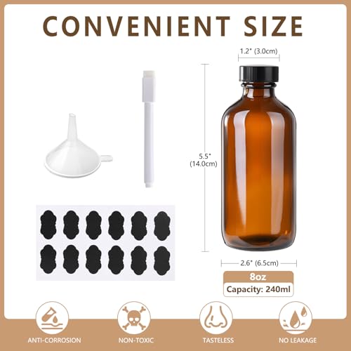 12 Pack 8 oz Amber Glass Boston Bottle With Black Poly Cap, Funnel, Chalk Labels, Pen, Dispensing Bottles for Homemade Vanilla Extract, Essential Oils, Herbal Medicine, Wedding Christmas Decor - size: 8oz 12Pack