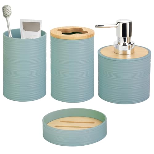 4 Pieces Bamboo Bathroom Accessories Set, Bathroom Accessory Set with Soap Dispenser and Toothbrush Holder, Soap Dish and Toothbrush Cup, Boho Bathroom Decor(Aqua) - color: Aqua