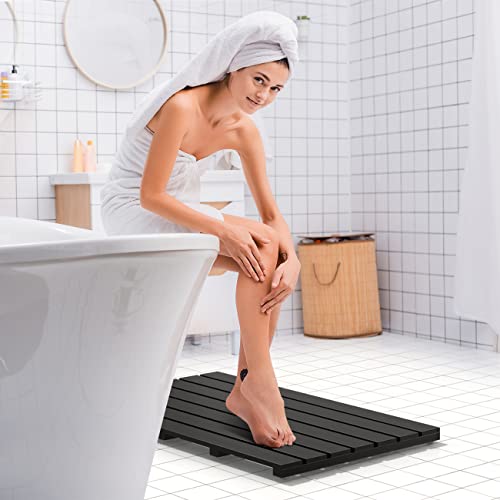 Bamboo Wooden Bath Floor Mat for Luxury Shower - Non-Slip Bathroom Waterproof Carpet for Indoor or Outdoor Use (Black,31.3 x 18.1 x 1.5 Inches) - color: Black, size: 31.3" x 18.1" (Rectangular)