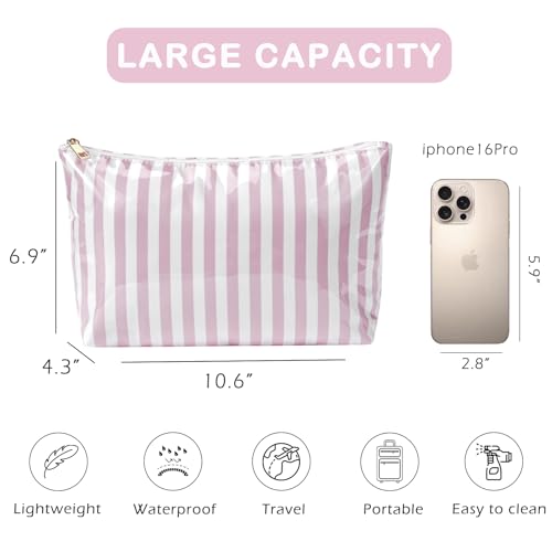 RSRSLEII Large Waterproof Travel Stripe Makeup Bag,Aesthetic PVC Toiletry Bag,Coquette Cosmetic Bag Organizer,Cute Preppy Carry-on Travel Accessories Essentials for Women Girls(Striated pink) - color: Striated pink
