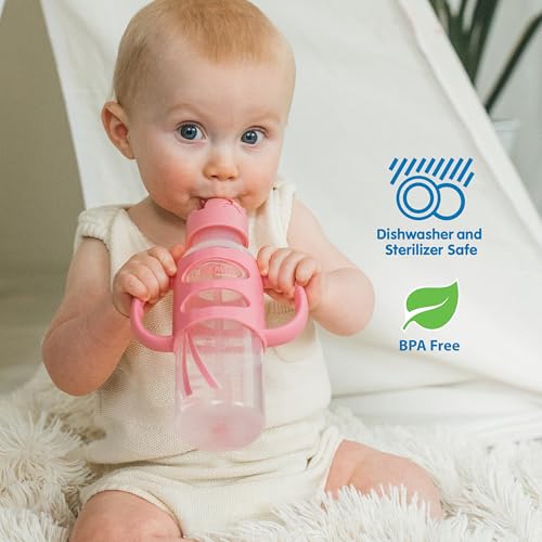 Dr. Brown's Milestones Narrow Sippy Straw Bottle, Spill-Proof with 100% Silicone Handles and Weighted Straw, 8 oz/250 mL, Pink, 6m+ - color: Pink, size: 1 Count (Pack of 1)