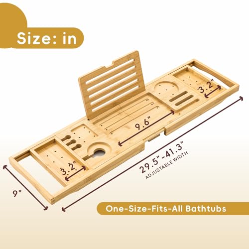 Premium Foldable Bamboo Bathtub Tray Caddy, Expandable Bath Caddy Tray with Holder, Natural Bath Shelf Over Tub, Spa Bathroom Accessories & Gifts for Home - color: Natural
