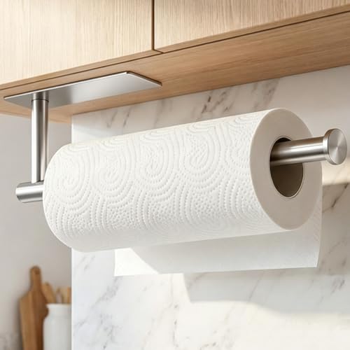 theaoo Under Cabinet Paper Towel Holder for Kitchen, Adhesive Paper Towel Roll Rack for Bathroom Towel, SUS304 Stainless Steel Wall Mount, Both Available for Adhesive and Screws - color: Silver