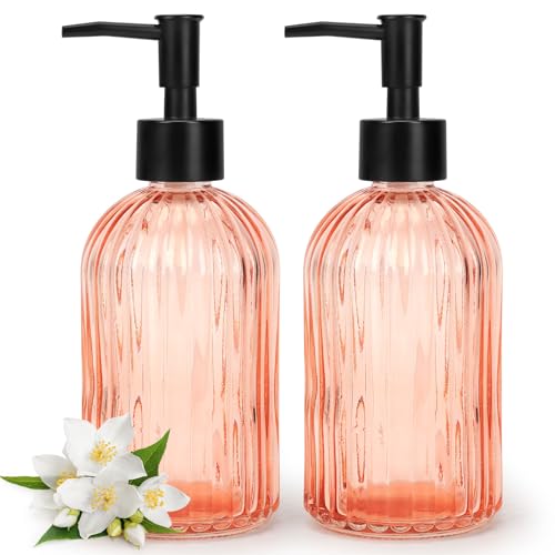 Topsky 2 Pack Glass Soap Dispenser with Black Plastic Pump, 400ml Liquid Hand Soap Dispenser, Rustproof Pump for Kitchen & Bathroom, Great for Lotions, Essential Oil, Liquid Soaps-Pinkish Orange - color: Stripe-pinkish Orange, size: Plastic Pump
