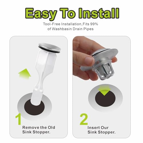 2 Pack Chrome Sink Drain Stopper,Glimflorus Universal 2-in-1 Pop Up Bathroom Sink Stopper with Hair Catcher and Strainer for 1 1/8"-1 1/2" Drain Holes - color: Chrome Plated-2