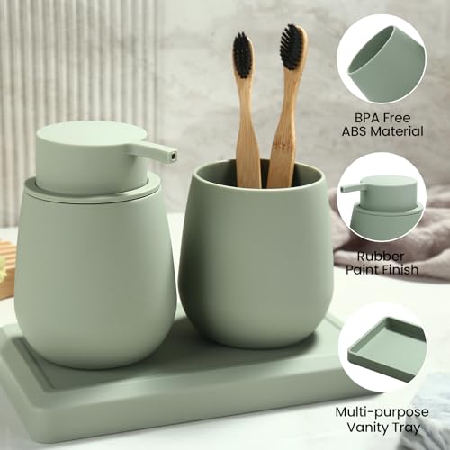 Bathroom Accessories Set, Modern 3 Pcs Bathroom Essentials - Soap Dispenser, Toothbrush Holder & Tray, Countertop Vanity Organizer (Green) - color: Green
