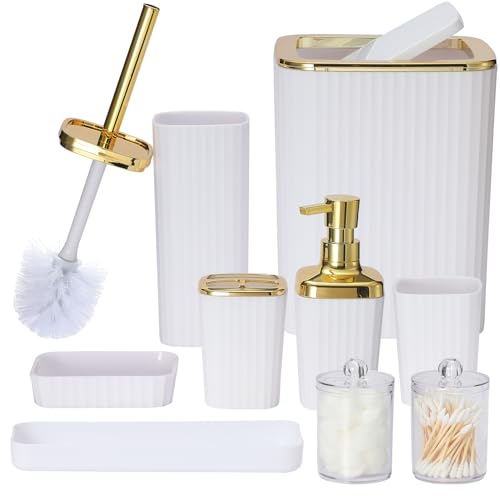 Bathroom Accessory Set,9 Pieces White Bathroom Sets Complete with Toothbrush Holder, Trash Can, Lotion Soap Dispenser, Toothbrush Cup, Vanity Tray, Soap Dish, Toilet Brush, Qtip Holder for New Home - color: White
