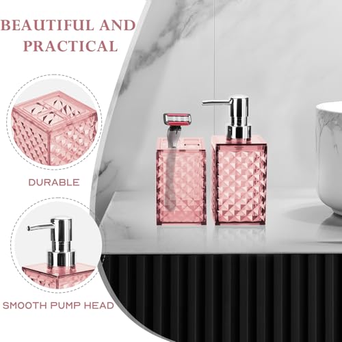 Bathroom Accessories Set 2 PCS, Pink Bathroom Accessories Include Soap Dispenser and Toothbrush Holder, Diamond Pattern Bathroom Set for Boho Bathroom Decor - color: Pink