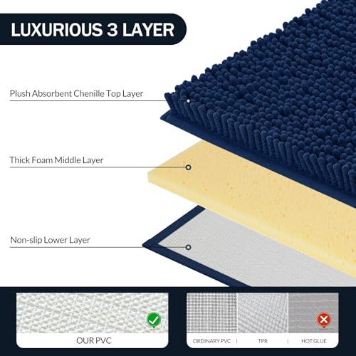 LINLA 3 Pieces Bathroom Rug Set, Absorbent Non Slip Chenille Bath mat, Thick Plush Chenille Carpet Mats Set,Washable Dry Quickly with U-Shaped Toilet Mat for Tub, Shower（Navy Blue） - color: Navy Blue