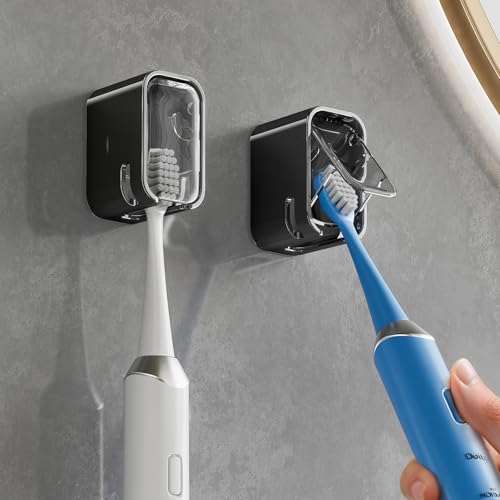 Toothbrush Holders for Bathroom【Innovation Single Slot Design】 2PCS Toothbrush Holder Wall Mounted with Cover for Shower, Single Toothbrush Dispenser Storage Organizer for Family & Travel - color: Black
