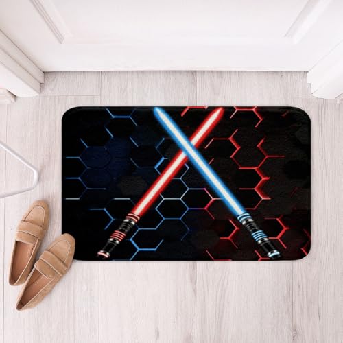 Geometric Honeycomb Bathroom Rug Neon Red Blue Light Up Sword Non Slip Bath Mat for Kids Girls Boys Teens Fashion Games Shaggy Absorbent Floor Mat Black 3D Hexagon Bath Indoor Doormat Decor,20"x32" - color: Lightsaber 1, size: 20" x 32"