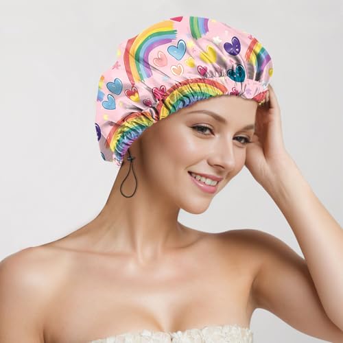 2 PCS Shower Cap Reusable Waterproof Adjustable Double Layer Elastic Dry Hair Bathing Caps Aesthetic Cute for Women Girls-Rainbow Heart - color: H-5-Rainbow Heart
