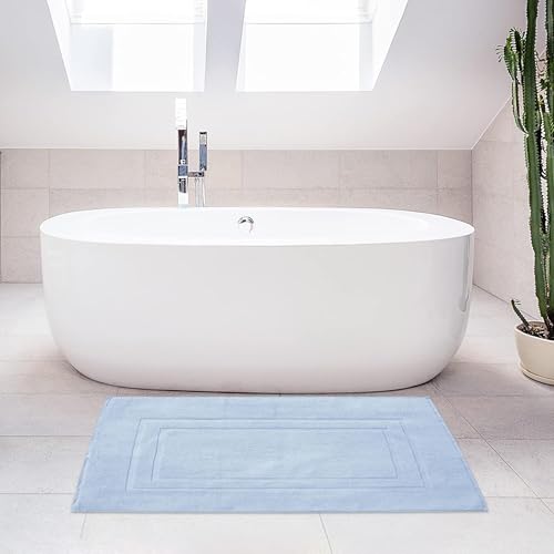 Feather & Stitch 2 Piece Towel Like Bath Mats (30x21 Inch) 100% Cotton Terry Bath Mats, Bathroom Shower Floor Mats [NOT A Bathroom Rug], Soft Absorbent Washable Mats - Sky Blue - color: Sky Blue