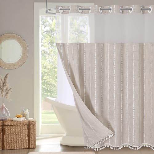 MitoVilla No Hooks Needed Farmhouse Shower Curtain with Snap-in Liner - with Window & Magnets, Taupe Boho Cotton Linen Fabric Shower Curtains with Tassels for Rustic Bathroom Decor, 72 x 74 - color: Taupe - Win
