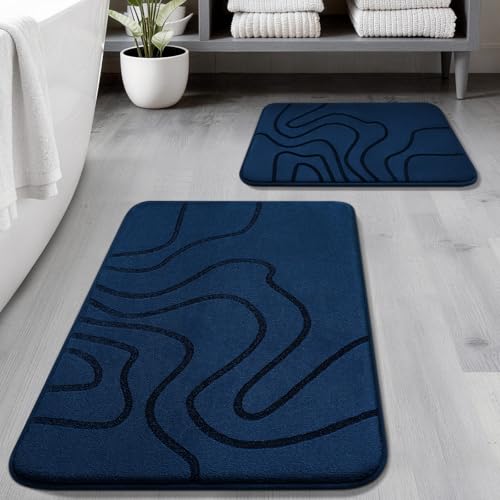 YIHOUSE Memory Foam Bathroom Rugs Sets 2 Piece - Extra Thick Ultra Soft Absorbent Bath Mat Set, Non-Slip Machine Washable Bath Rugs for Bathroom, Tub & Shower, Home Decor (32"x20"+24"x17", Dark Blue) - color: Dark Blue, size: 1'5" x 2'8" (17"x24"+20"x32")