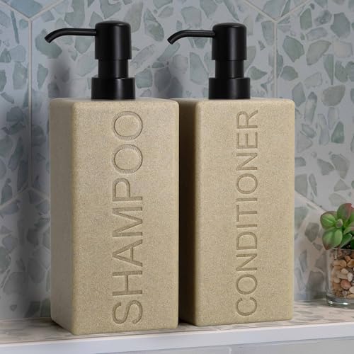 Rectangular Resin Dispenser Premium Bathroom Shampoo Conditioner Body Wash Bottle Modern Refillable Pump Design - color: Tan