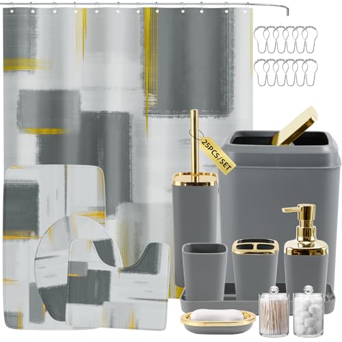 XLHOMO Bathroom Set - Grey and Gold Bathroom Accessories Set, Bathroom Sets with Shower Curtain and Rugs, Grey Shower Curtain Set with Bathroom Trash Can, Soap Dispenser, Soap Dish for Home Decor - color: Plaid Grey & Gold, size: Complete Set + Bath Rugs