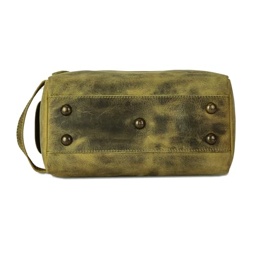 KomalC Premium Buffalo Leather Toiletry Bag for Men & Women With Water resistant Lining, Grooming Travel Pouch, Unisex Wash Bag for Toiletries, Gifts for Men and Women - color: Distressed Green Tan