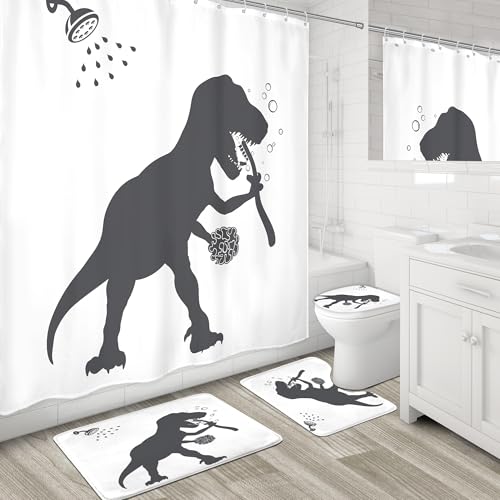 4PCS Dinosaur 71Wx71H Inches Funny Animal Dino Silhouette Shadow Kids Shower Curtain Sets with Rugs,Toilet Lid Cover and Bath Mat,for Boys Bath Accessories Art Home Decor Fabric 12 Pack Hooks - color: A1-dinosaur