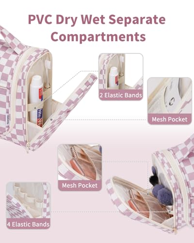 Narwey Hanging Toiletry Bag for Women Travel Makeup Bag Organizer Toiletries Bag for Cosmetics Essentials Accessories - color: ZA-Dusty Pink Checkerboard