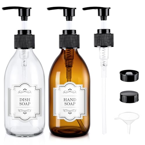 8 oz Glass Pump Bottle, 250ml Small Lotion Dispenser Bottle for Body Massage Oil, Refillable Empty Hand and Dish Soap Dispensers Set with Storage Caps, Labels - Amber & Clear, 2 Pack - color: Clear & Amber