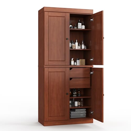 Palace Imports Solid Wood Tall Bathroom Pantry Cabinet with 4 Wooden Doors & Adjustable Shelves, Mocha - 100% Eco-Friendly, Renewable, Space-Saving Storage, 71.5" H x 32" W, Made in Brazil - color: Mocha