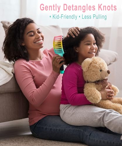 KTKUDY Detangling Brush Boar Bristles Hairbrush Make Hair Shiny & Healthier Curved and Vented Detangler Brush for Women Men Kids Wet & Dry Hair (Rainbow) - color: Green-Yellow-Pink Gradient