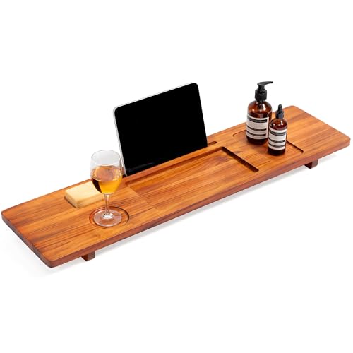 Teak Bathtub Tray for Freestanding Tubs - 35" Heavy-Duty Luxury Bath Caddy, Non-Slip Zero-Wobble Design, Water-Resistant Spa Organizer with Wine Glass & Phone Holder - color: Natural Teak, size: 35 Inch